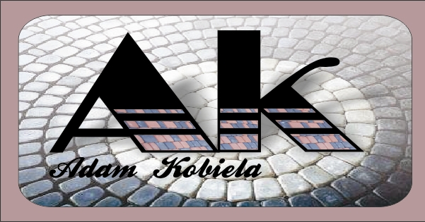 Logo firmy Adam Kobiela na tle ułożonej kostki brukowej w odcieniach szarości i błękitu, z elementami kostki czerwono-czarnej wkomponowanymi w litery A i K.